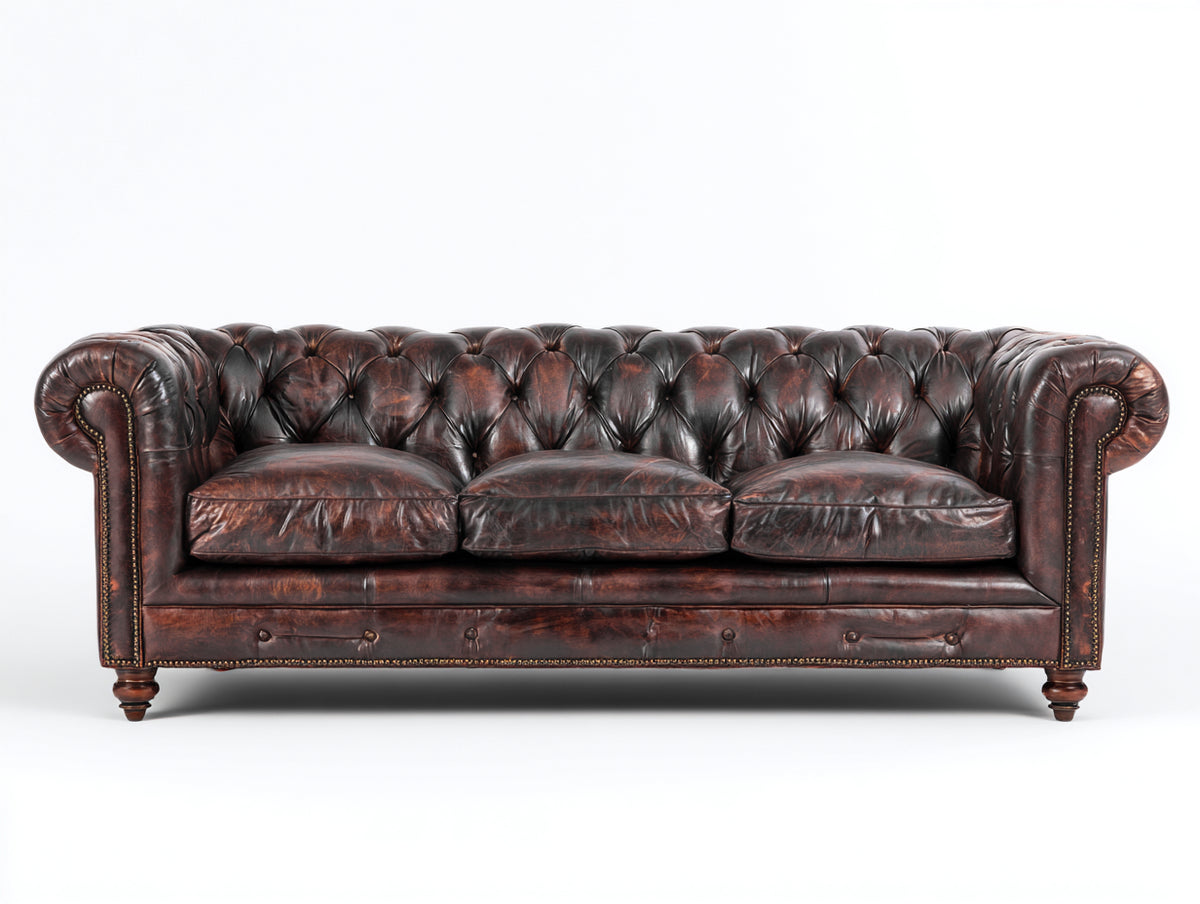 Sofá 3 plazas tapizado efecto cuero 225x95x78 cm - marrón envejecido - estilo Chesterfield con capitoné y brazos enrollados