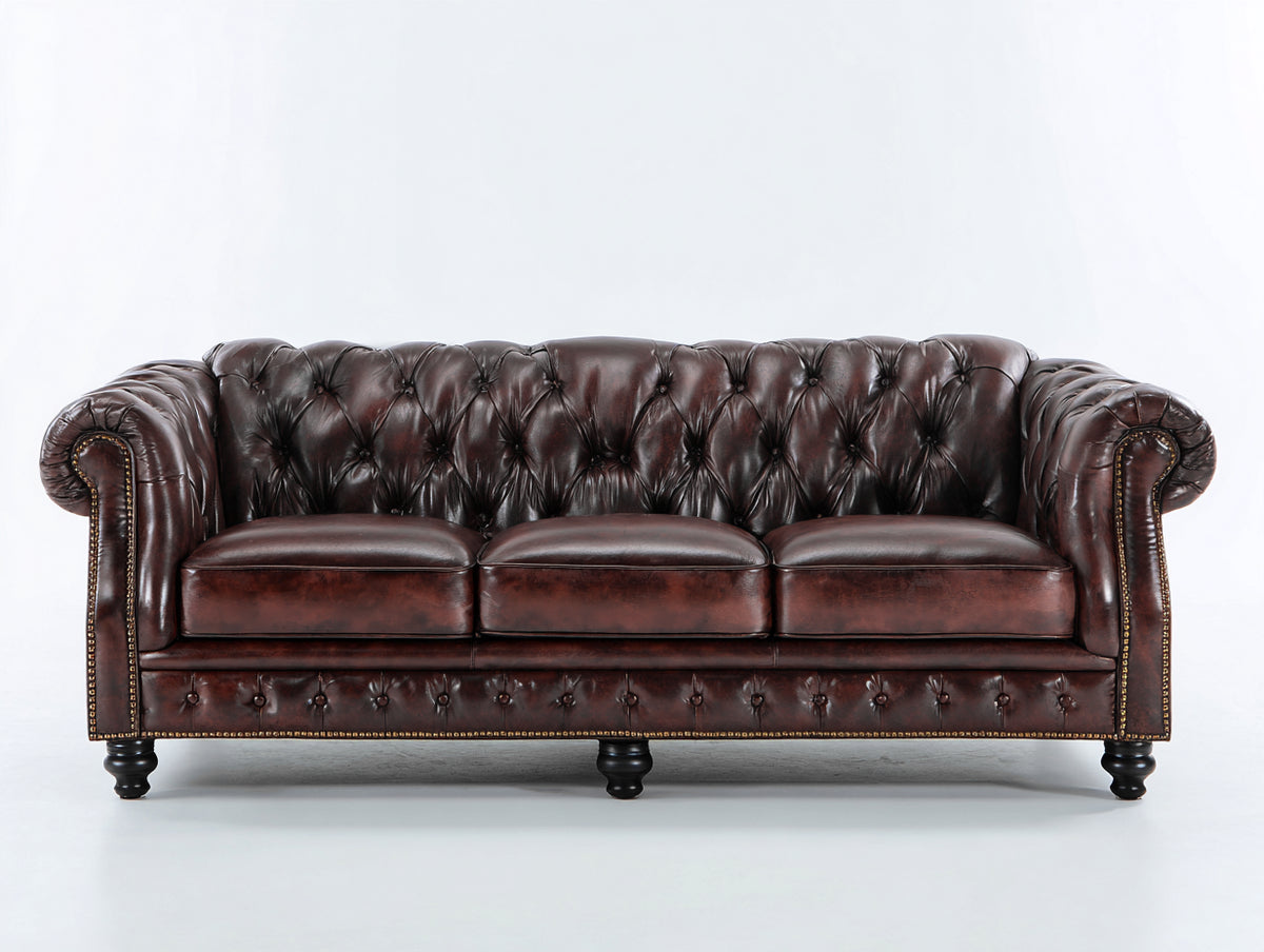 Sofá 3 plazas tapizado 225x92x78 cm - Marrón oscuro - Diseño Chesterfield capitoné con brazos enrollados