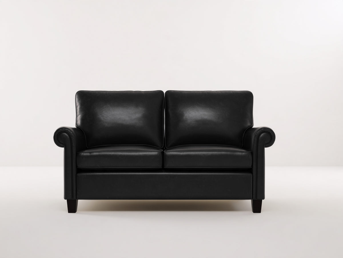 Sofá de 2 plazas 160 x 88 x 86 cm - tapizado negro y patas de madera oscura - diseño clásico con reposabrazos redondeados