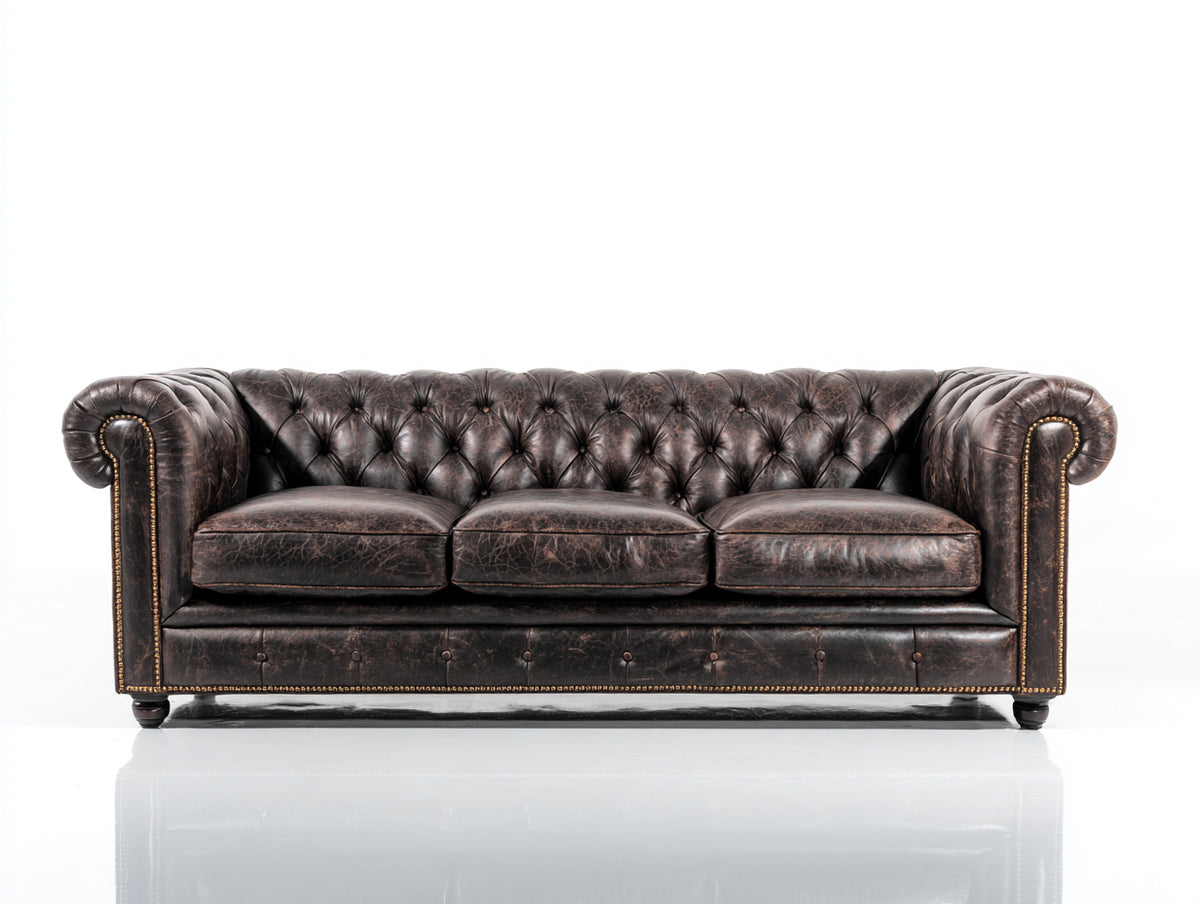 Sofá 3 plazas tapizado 225x92x78 cm - Marrón oscuro envejecido - Diseño Chesterfield capitoné con brazos enrollados
