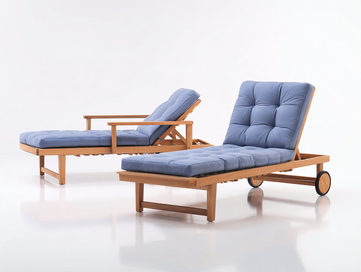 Tumbonas de madera maciza 200x75x95 cm - madera natural y azul lavanda - respaldo reclinable con ruedas y reposabrazos