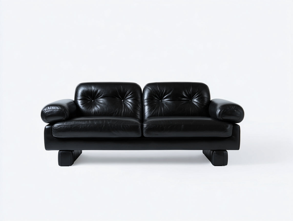 Sofá de 2 plazas de cuero 175x88x82 cm - negro - diseño clásico con capitoné y reposabrazos redondeados