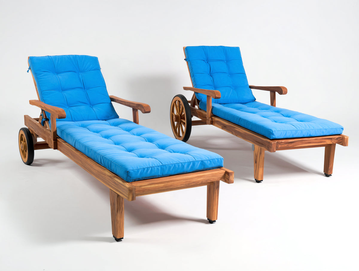 Tumbonas de jardín reclinables - madera y tejido 200 x 75 x 95 cm - azul intenso-madera natural - reposabrazos y ruedas grandes