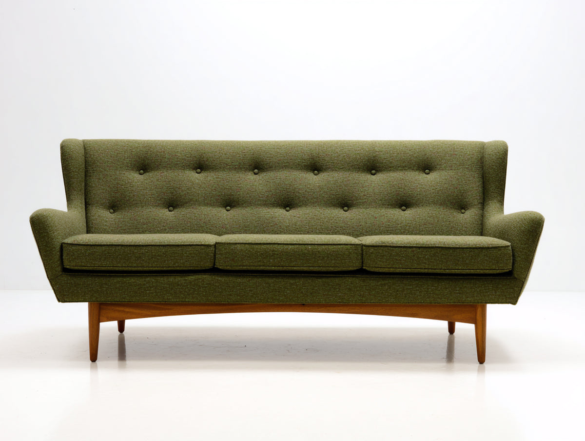 Sofá 3 plazas tapizado 210x88x90 cm - Verde oliva y madera natural - Diseño retro con respaldo capitoné