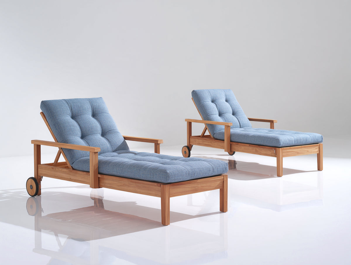 Tumbonas de jardín reclinables - madera y tejido 200 x 75 x 95 cm - azul-madera natural - reposabrazos y ruedas integradas