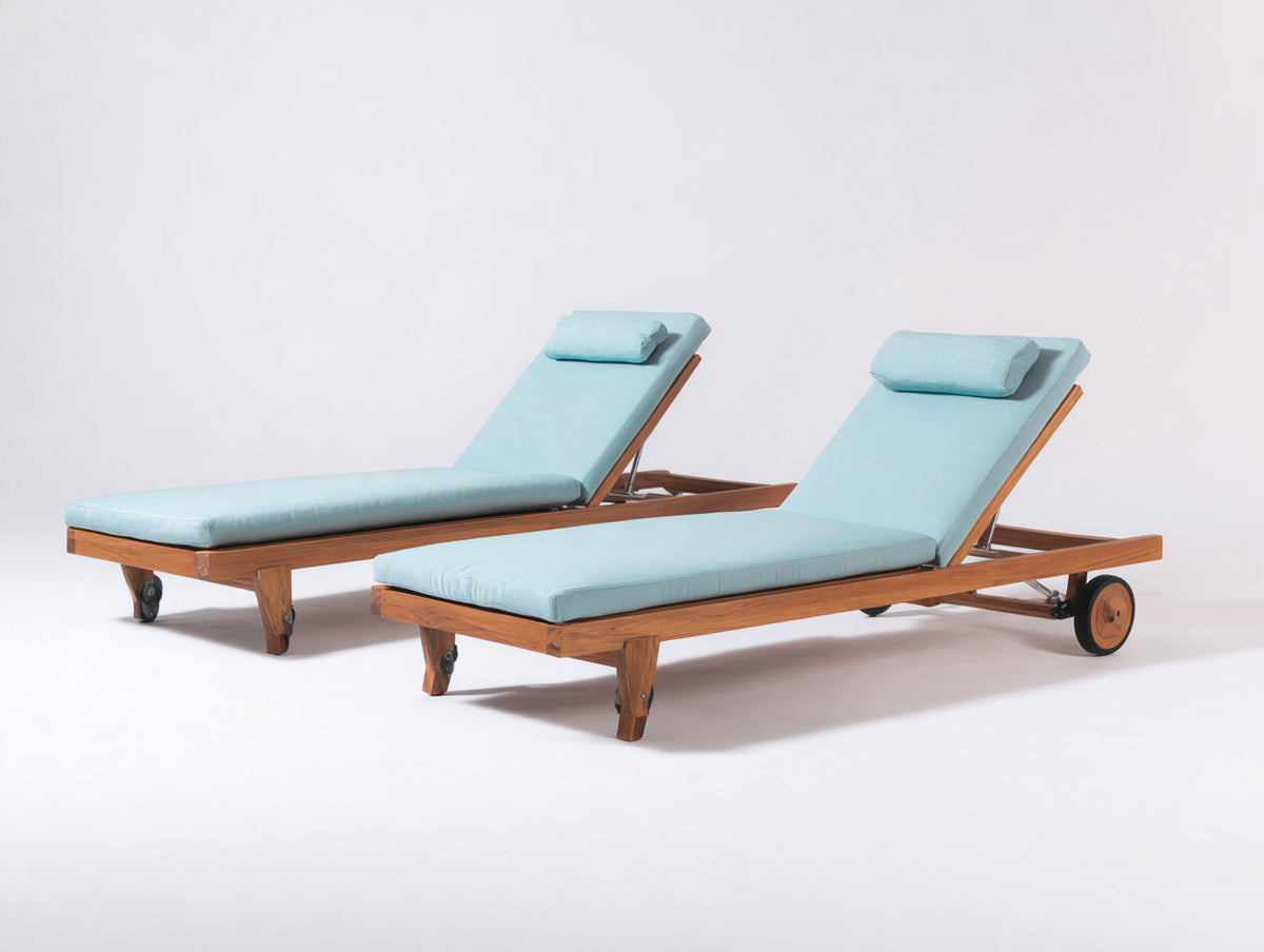 Tumbonas de madera maciza 200x70x88 cm - azul claro y teca natural - respaldo reclinable con ruedas