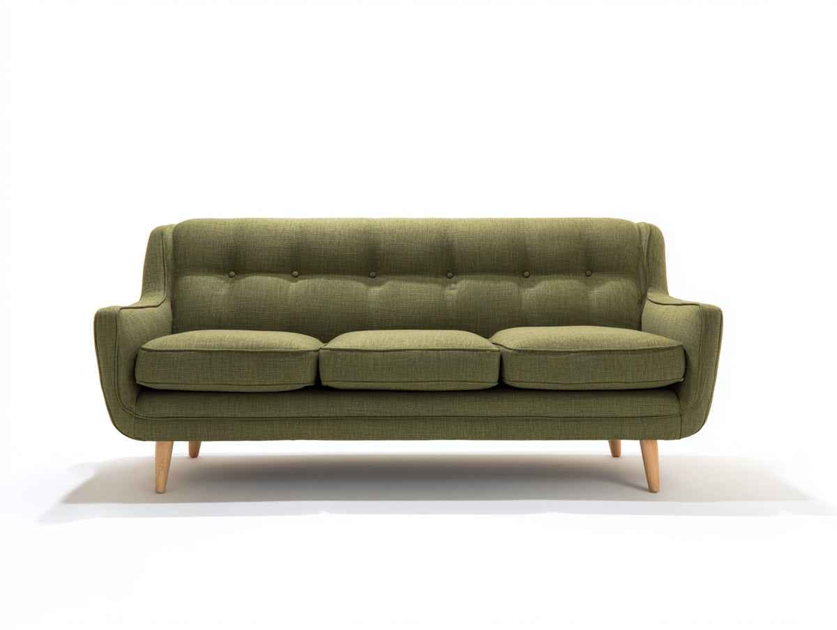 Sofás 3 plazas tapizado en tejido 205x86x84 cm - Verde oliva y madera natural - Diseño moderno