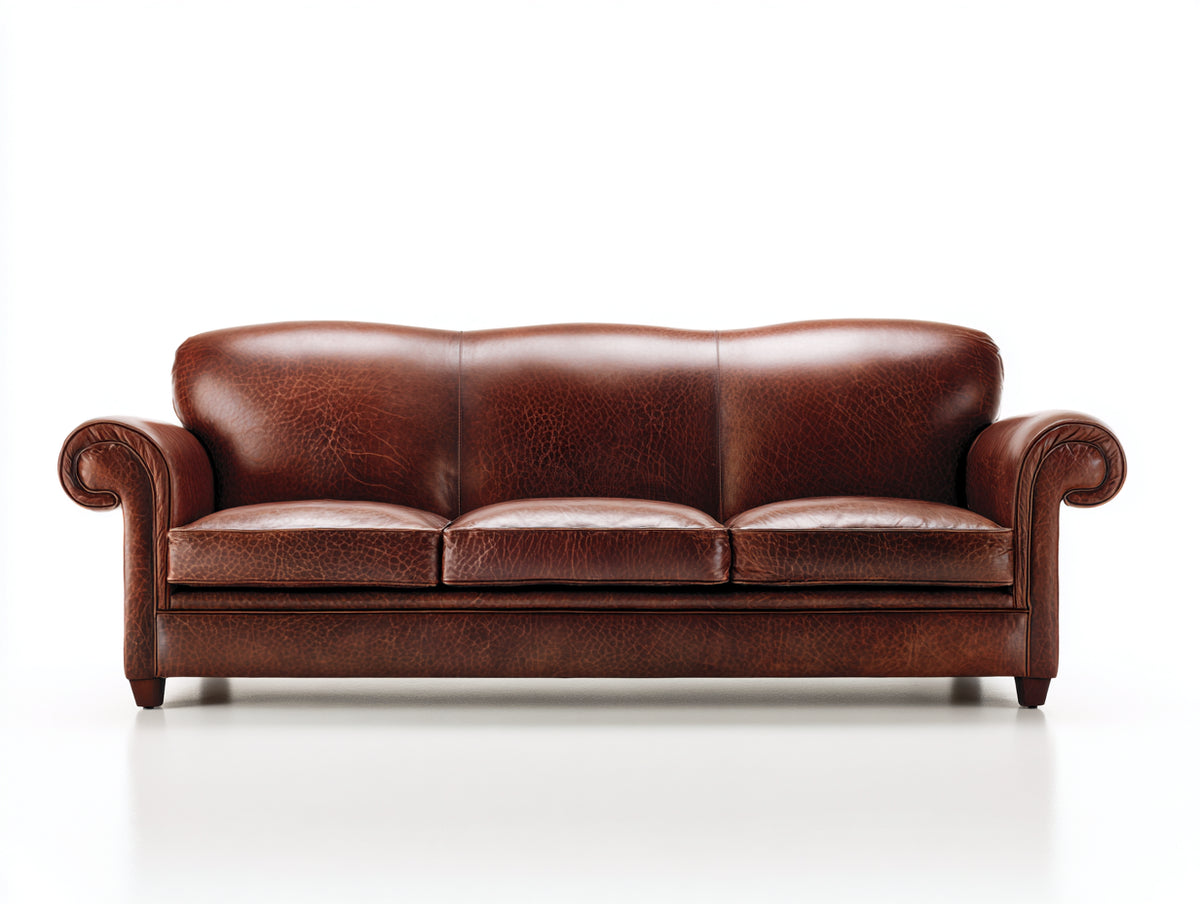 Sofá 3 plazas tapizado efecto cuero 215x90x85 cm - marrón envejecido - diseño clásico con brazos enrollados